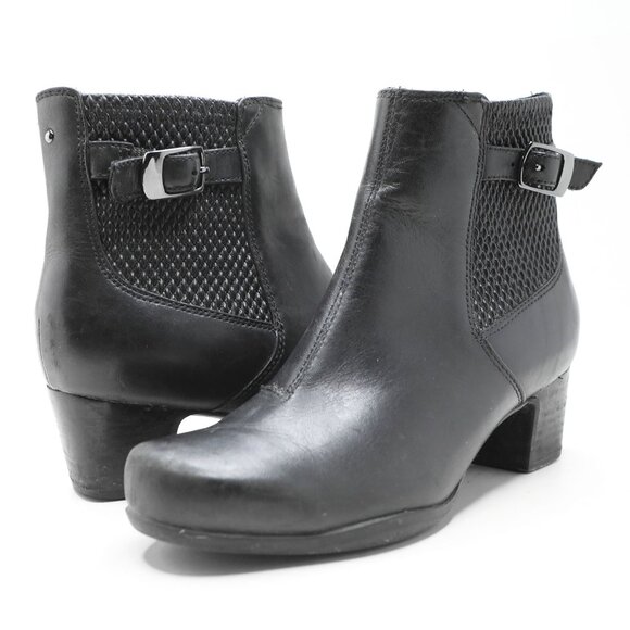 Clarks Artisan Black Leather Ankle Booties Comfort Zip Chelsea Block Heel Boots - Picture 2 of 13